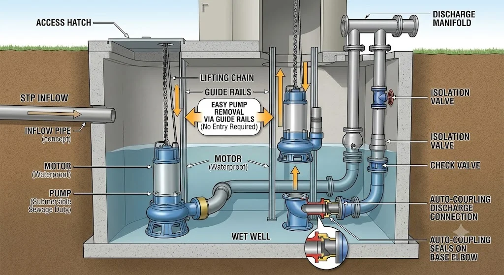 STP wet well sewage pump installation with guide rails and valves